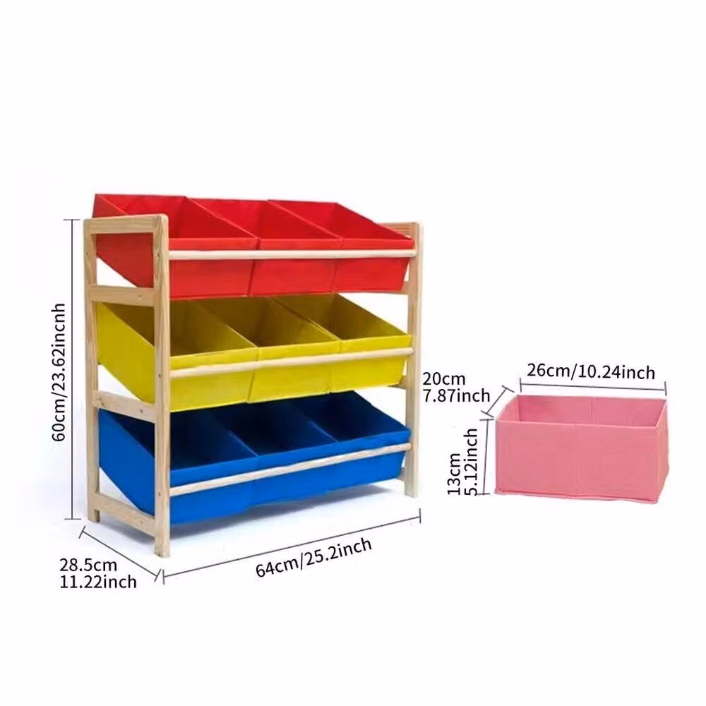 VOGREX 3 Tier Kids Wooden Toy Storage Unit with 9 Removable Multicolour Bins – 2
