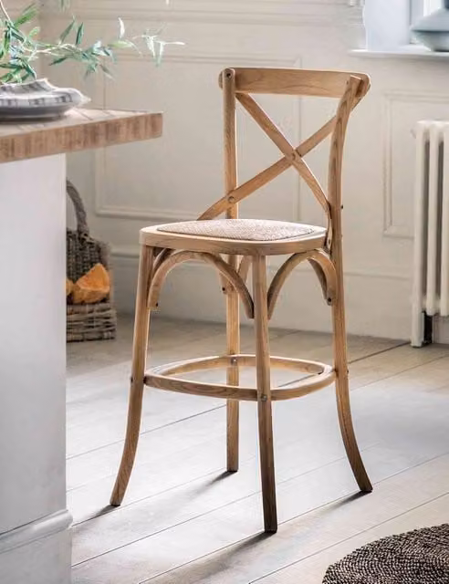 Gallery Direct Set of 2 Rustic Rattan and Oak Bar Stools in Beige and Brown Multicolour
