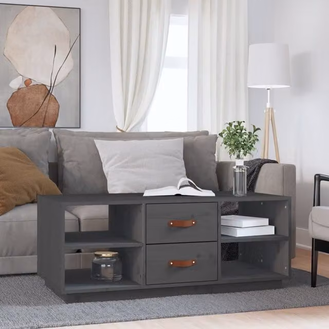 Berkfield Home Grey Rustic Solid Pine Coffee Table W: 100 cm, D: 50 cm, H: 41 cm – 1