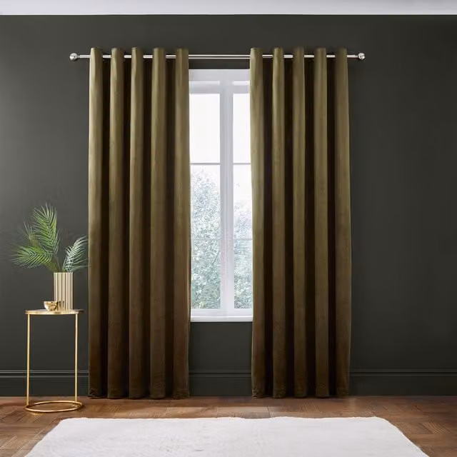 Catherine Lansfield Kingsley Matt Velvet Ready Made Eyelet Curtains, Green, W: 167.64 cm, H: 228.6 cm