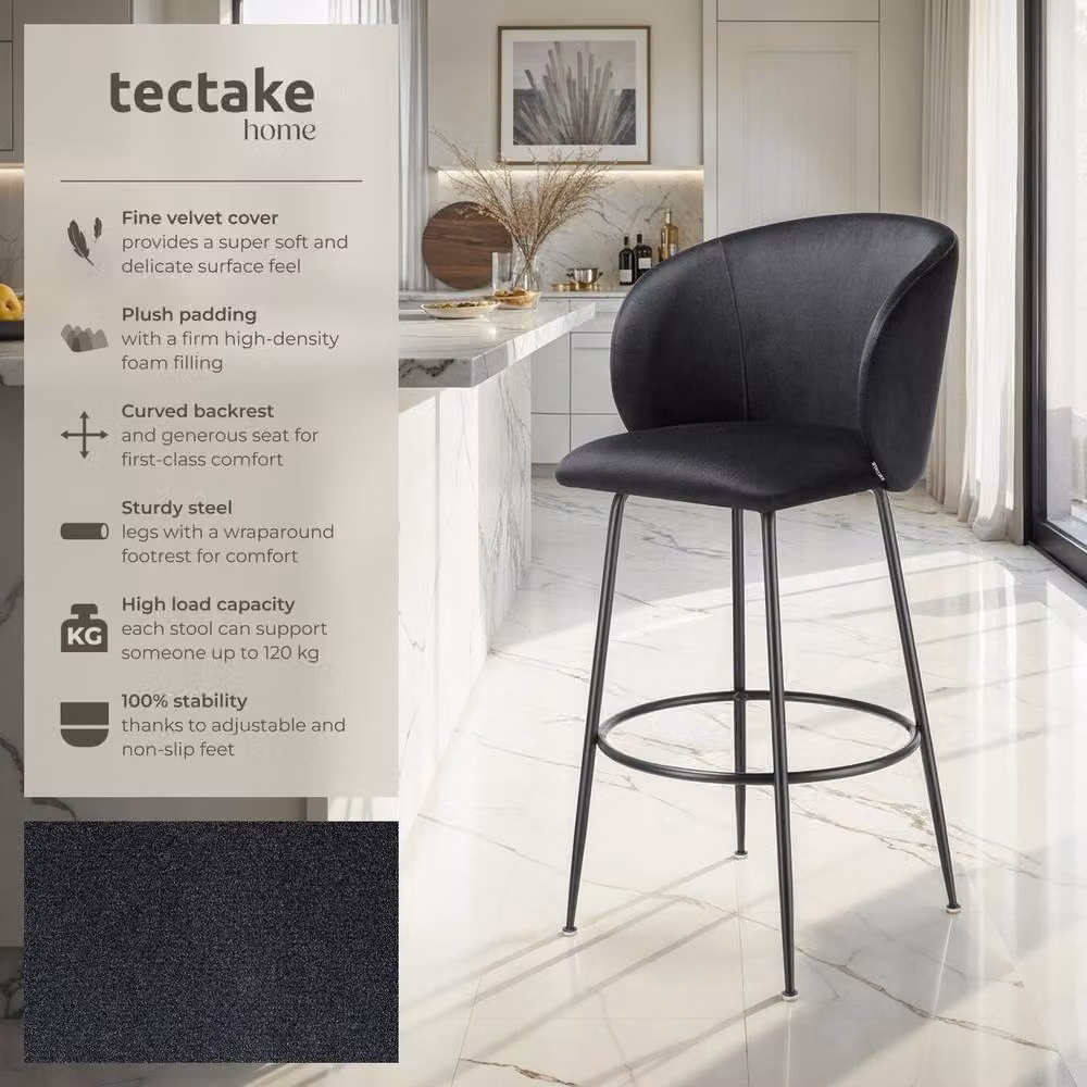 tectake Luana Bar Stool Set of 2, Black Velvet and Metal – 2