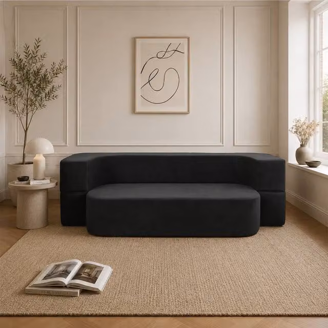 KDMD Emma Black 2 Seater Modern Upholstered Sofa Bed with Pull Out Drawer – 1