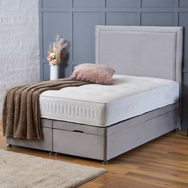 BSSPOKE Ella Ottoman Divan Bed with 54 inch Headboard and Mattress in Silver Plush Velvet, W/D/H: 90 x 190 cm – 1