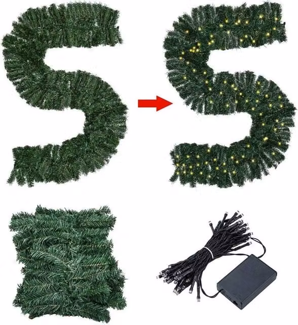 FLAVORA Pre-Lit Christmas Garland with Warm White LED Lights, Green, W: 100 cm, D: 15 cm – 1