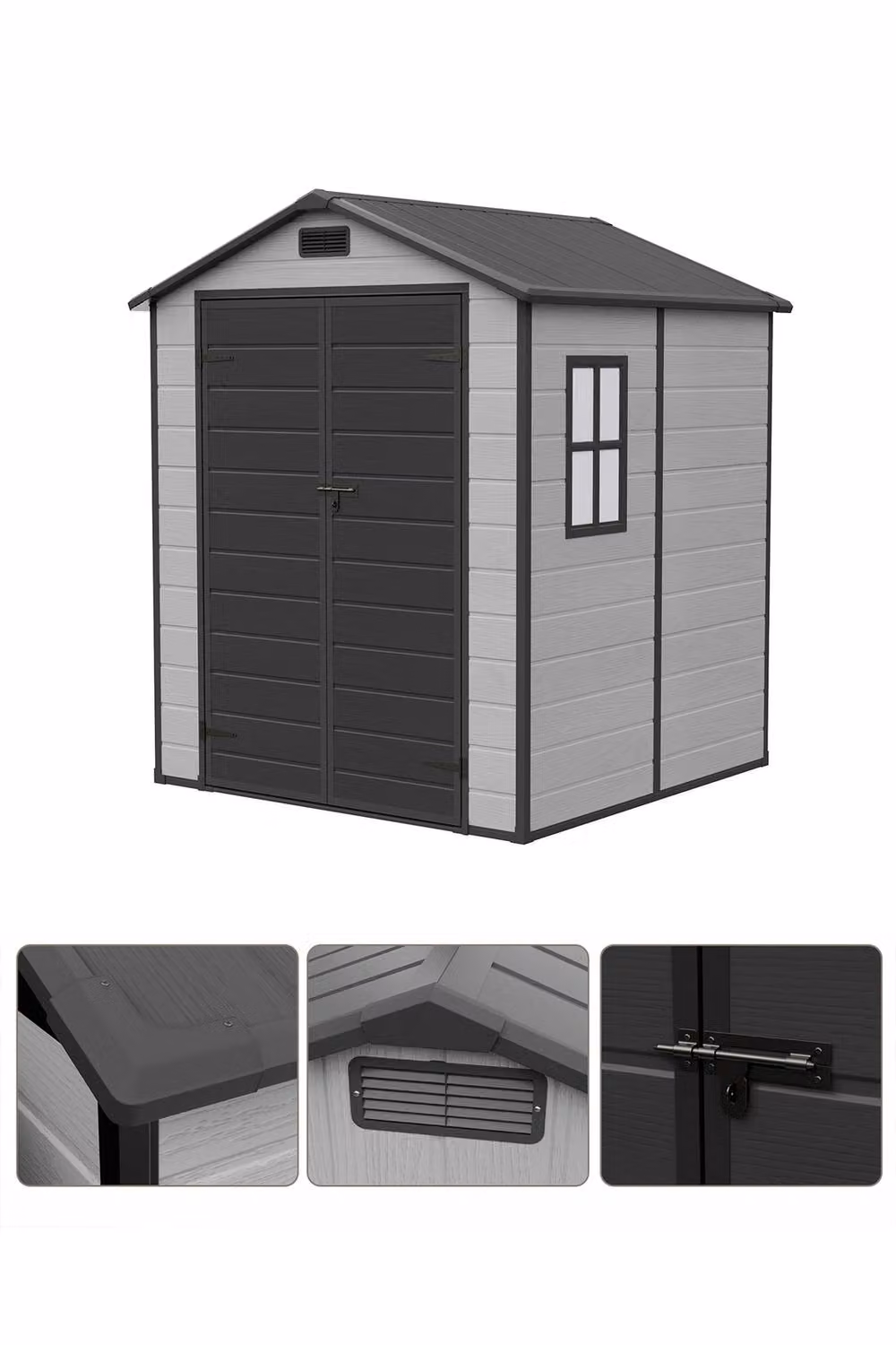 Living and Home Grey Plastic Outdoor Garden Storage Shed with Floor and Window, W/D/H: 182.88 x 182.0 x 219.0 cm – 6