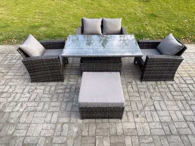 Fimous 5 Seater Rattan Outdoor Garden Dining Set in Dark Grey with Height Adjustable Lifting Table and Footstool