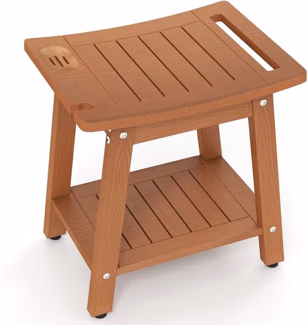 Costway Brown HIPS Shower Bench Seat with Handle and Drainage Seat