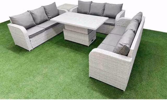 Fimous 9-Seater PE Rattan Outdoor Lounge Sofa Set with Adjustable Lifting Table and Side Table in Light Grey