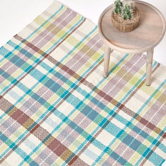 Homescapes Wilson Handwoven Tartan 100% Cotton Rectangular Rug, Multicolour (Blue, Green, Brown, Yellow), Width: 120 cm