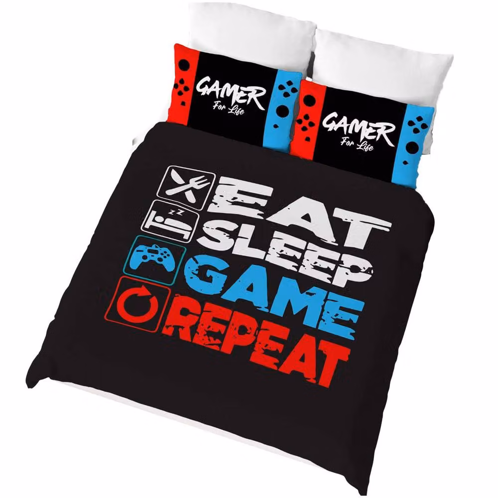 Floso Eat Sleep Game Repeat Reversible Duvet Set and Pillowcase in Black, W: 140 cm, H: 200 cm – 2