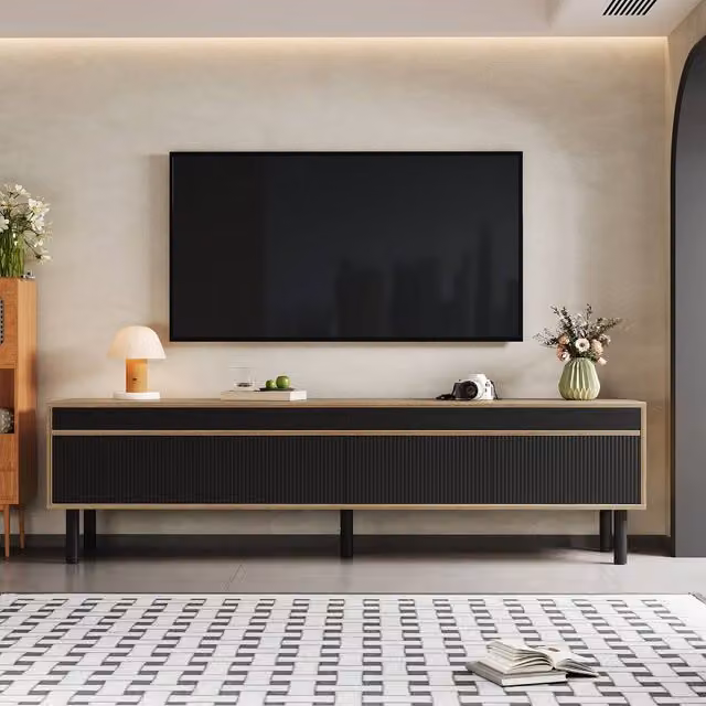 Merax Modern Black Low TV Stand with 4 Fluted Doors and Solid Wood Legs, Width: 170 cm – 1