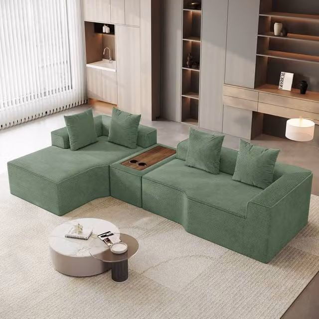 Dprodo Green Corduroy L-Shaped Modular Sofa with Cup Holder Table and Scatter Cushions, Width: 320 cm