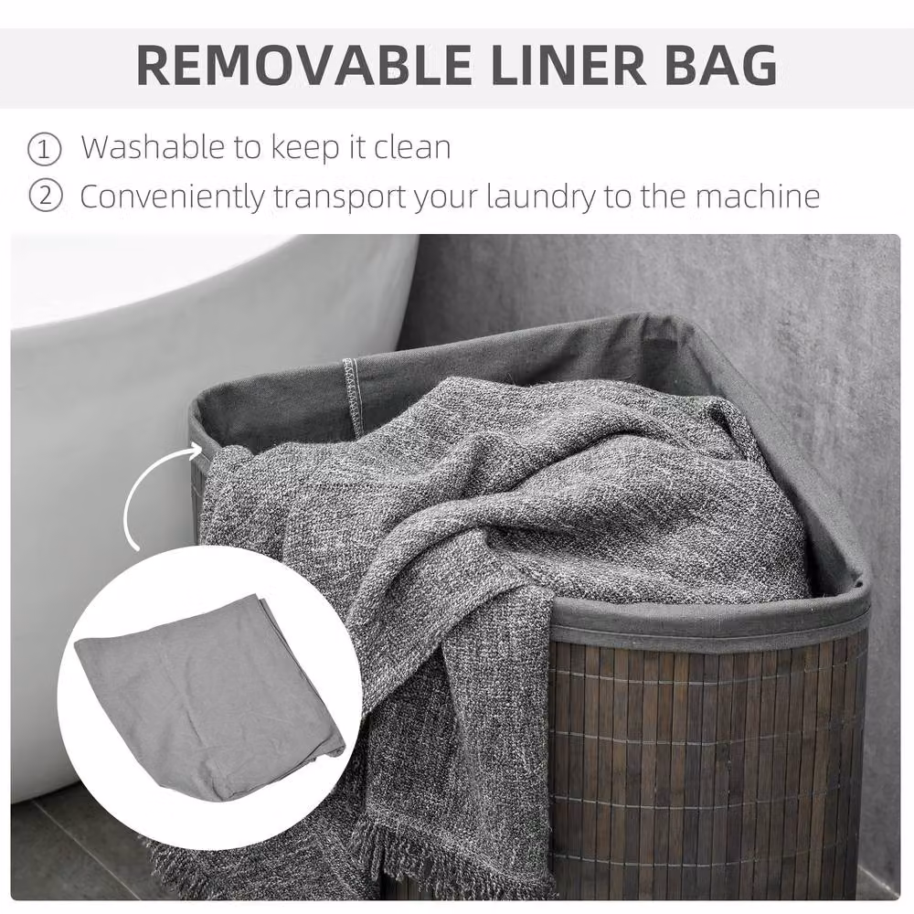 HOMCOM 55L Grey Bamboo Corner Laundry Hamper with Lid and Handles, W/D/H: 38 x 38 x 57 cm – 4