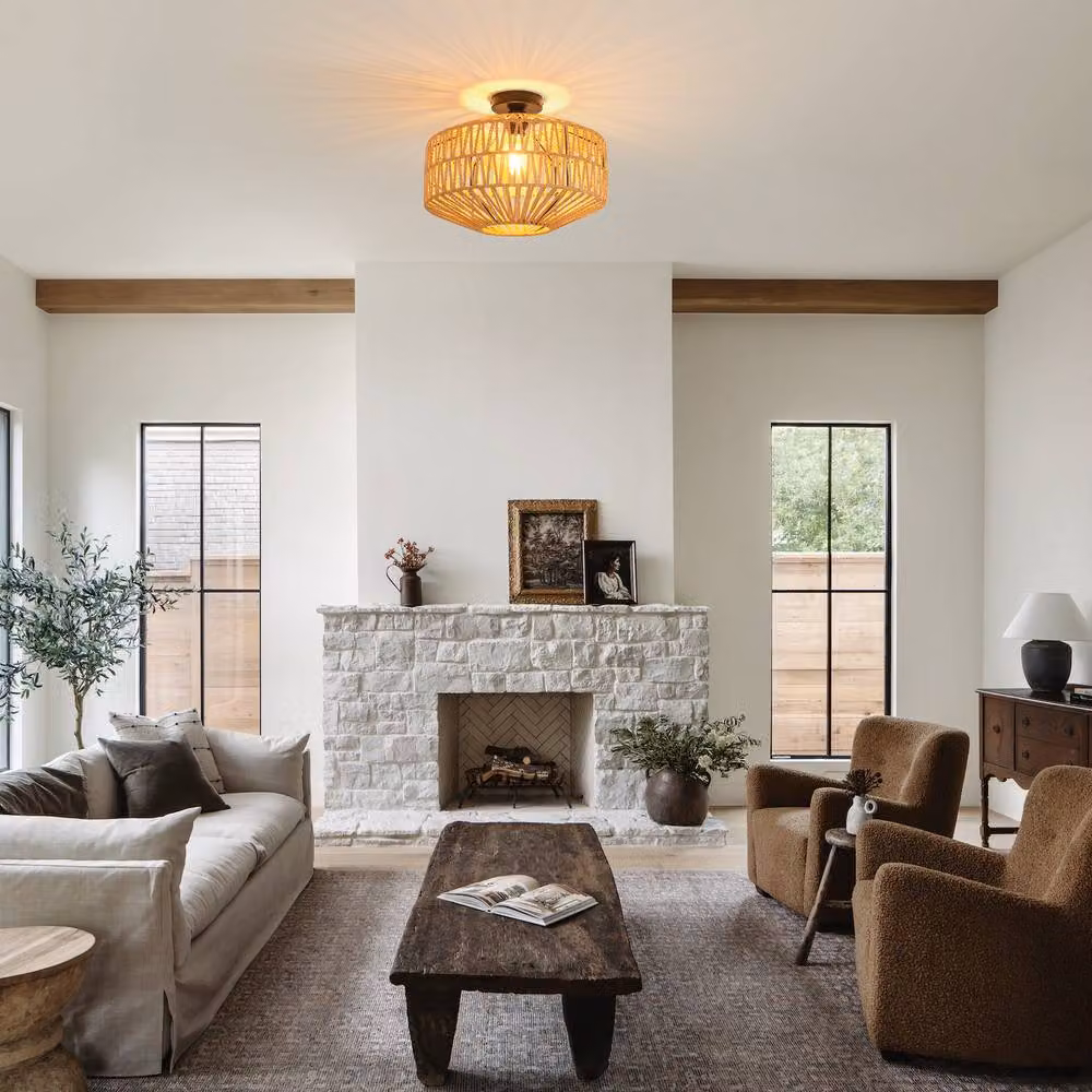 COMELY Vintage Rattan and Iron Pendant Ceiling Light in Brown – 2