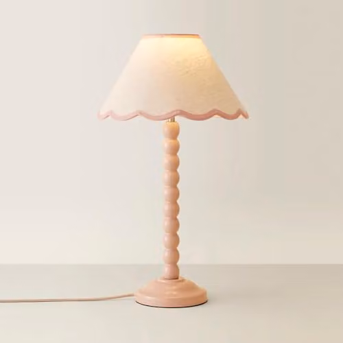 ValueLights Pink Bobbin Stem Table Lamp with Scallop Fabric Shade and LED Bulb – 2