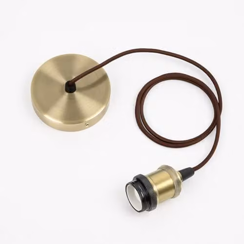 CGC Lighting Cassie Adjustable Suspended Pendant Light with Matching Ceiling Rose, Antique Brass and Bronze with Brown Fabric Cord, E27 Holder – 1