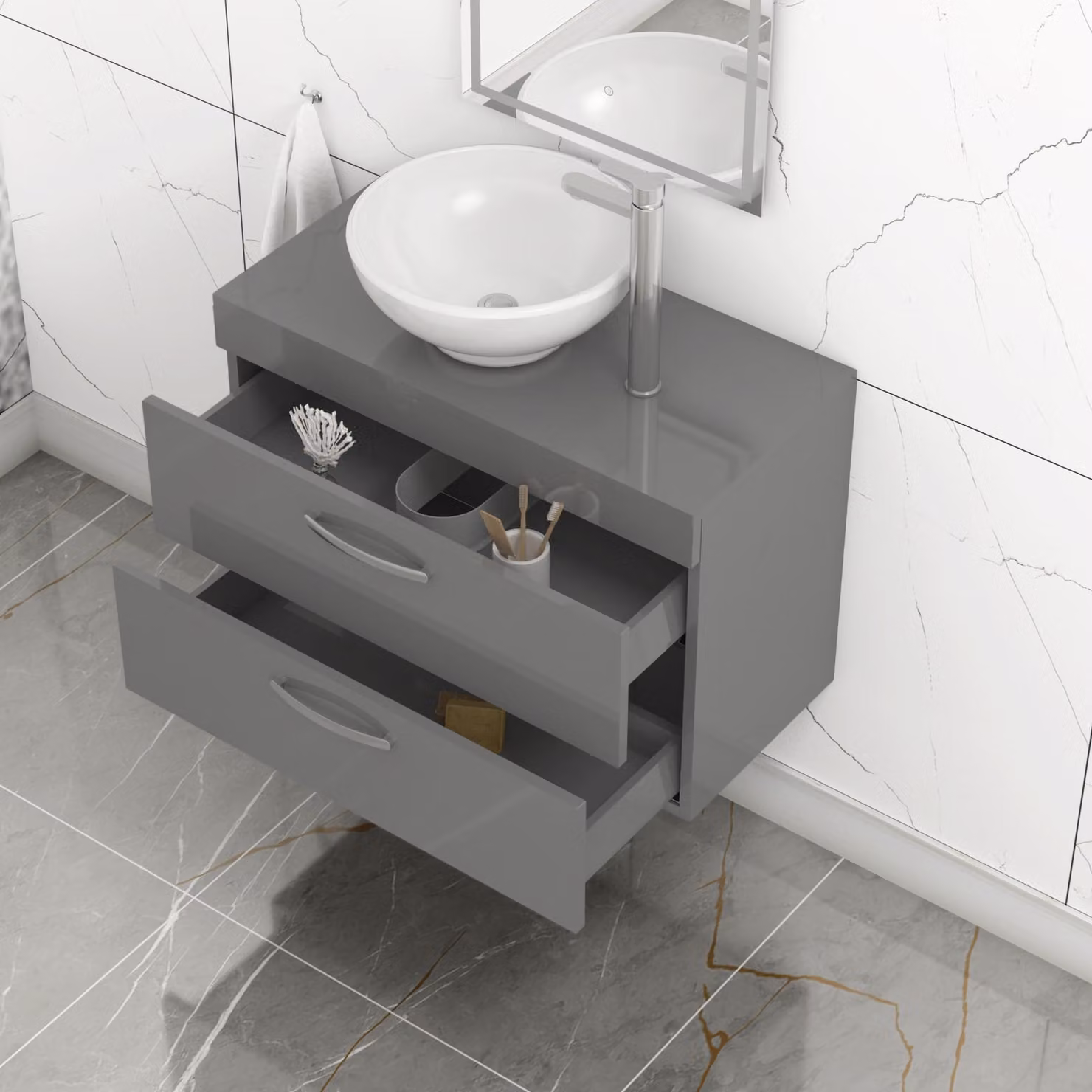 Royal Bathrooms 800mm Wall Hung Vanity Unit with 2 Drawers in Indigo Grey Gloss and Breeze Countertop Basin