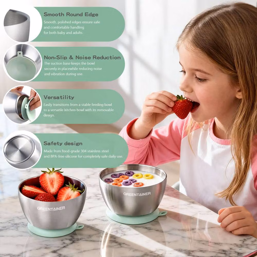 Greentainer 3-Piece Unbreakable Double-Wall Insulated Baby Bowl Set in Green – 3