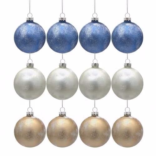 Shatchi 12-Piece Set of Classic Geometric Glass Baubles in Blue, Gold and White, Diameter: 8 cm – 1