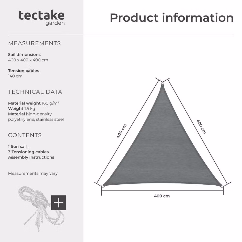 tectake Triangular Shade Sail with UV Protection 50+ and Water-Repellent HDPE Material, Grey – 5