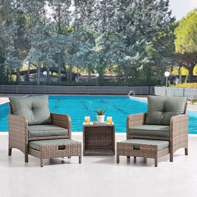 Home Detail Grenada Grey Polyrattan Garden Furniture Set with Green Cushions, Side Table and Hide Away Footstools – 1