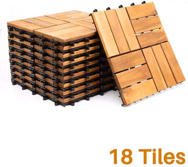 FLAVORA 18pc Interlocking Wooden Decking Tiles for Outdoor Patio, Brown, W/D/H: 30 x 30 x 3 cm