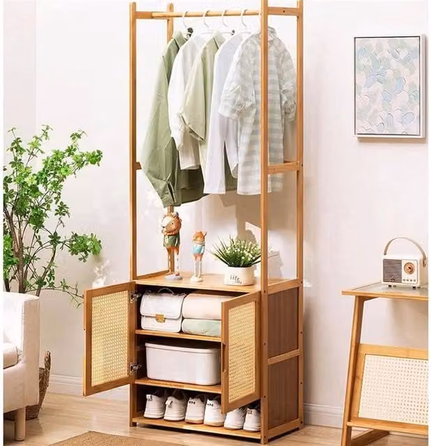 Kelvenix Tall Bamboo Clothes Rack and Hanging Rail in Brown