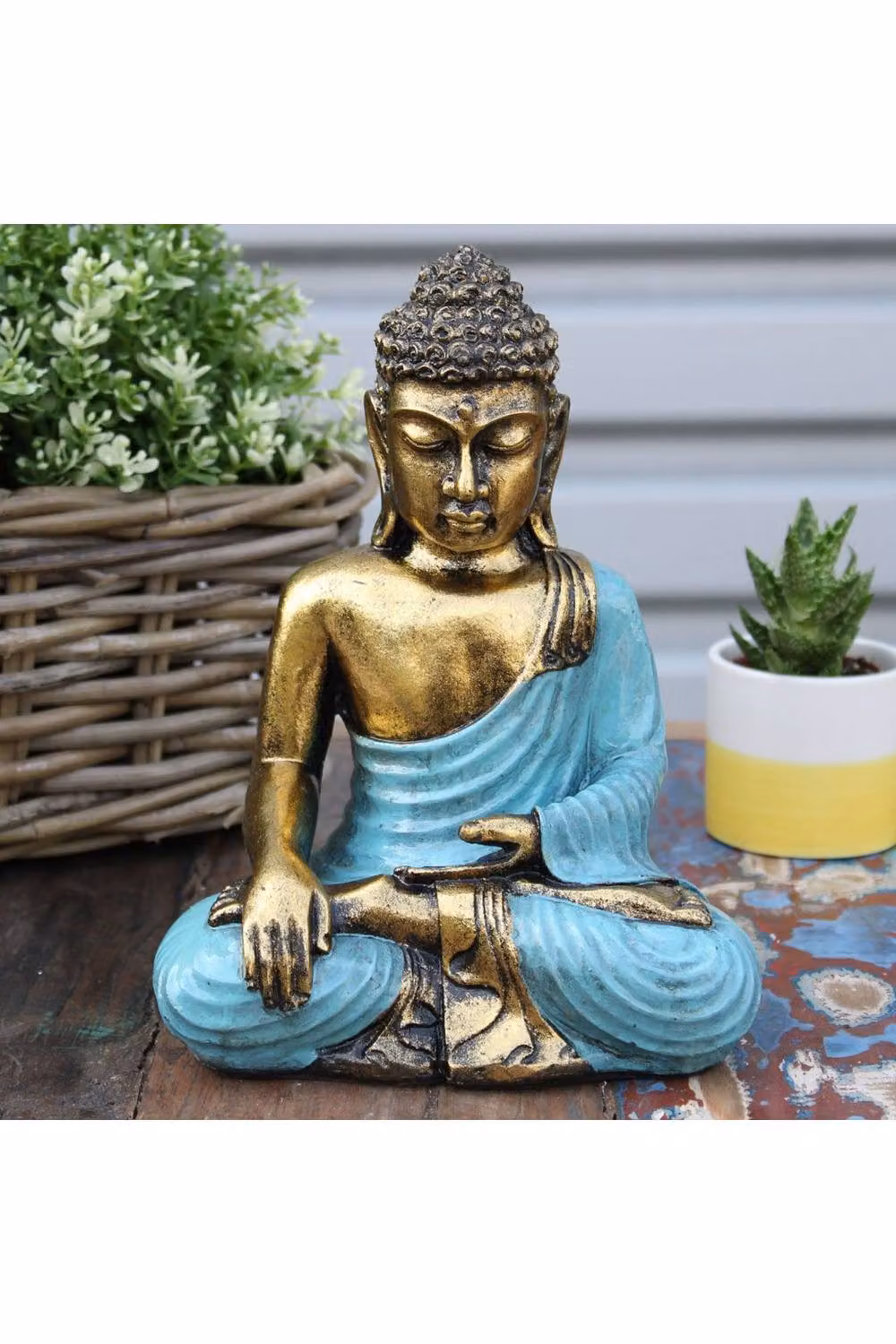 KDMD Large Hand-Painted Bali Buddha Statue in Petrol and Gold, Varada Mudra Resin Tabletop Art – 3