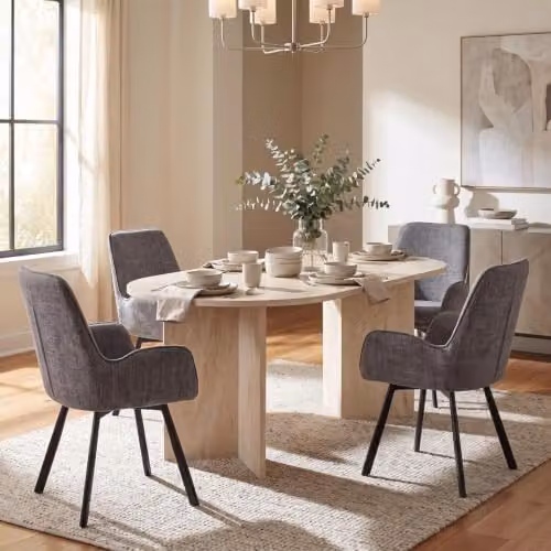FWStyle 5 Piece Dining Set with Rectangular Travertine Table and 4 Grey Swivel Chairs in Beige, W/D/H: 180 x 90 x 75 cm – 4
