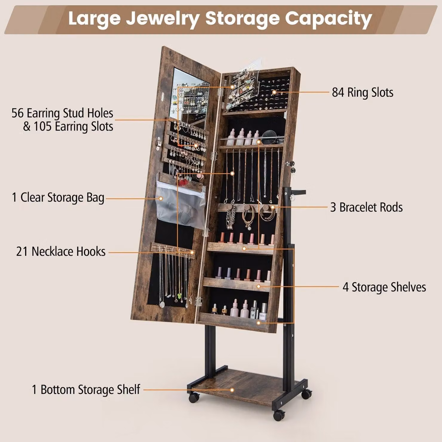 Costway Height Adjustable Standing Jewelry Armoire with 3-Colour LED Mirror and Wheels in Brown – 4