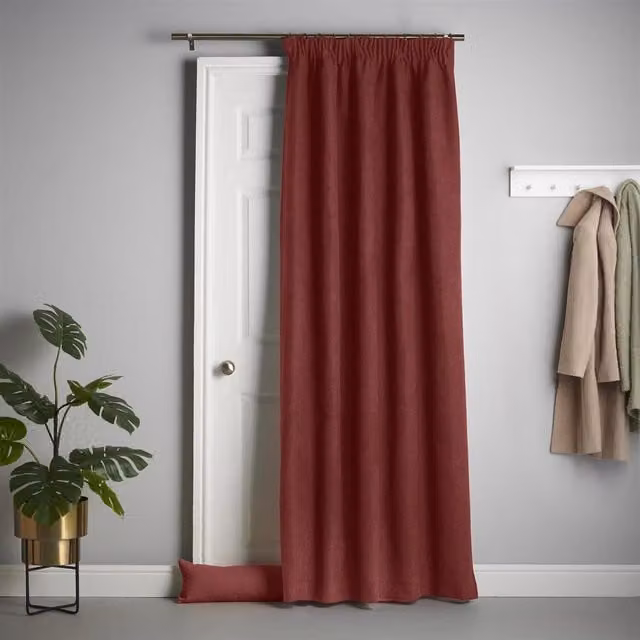 Livinluxury Red Velvet Chenille Thermal Fleece Lined Pencil Pleat Taped Top Door Curtain