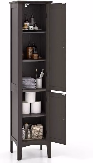 VOGREX 5-Tier Tall Narrow Bathroom Cabinet in Brown and Black with Hinged Doors and Internal Shelves, H 160 cm x W 38 cm x D 2 cm