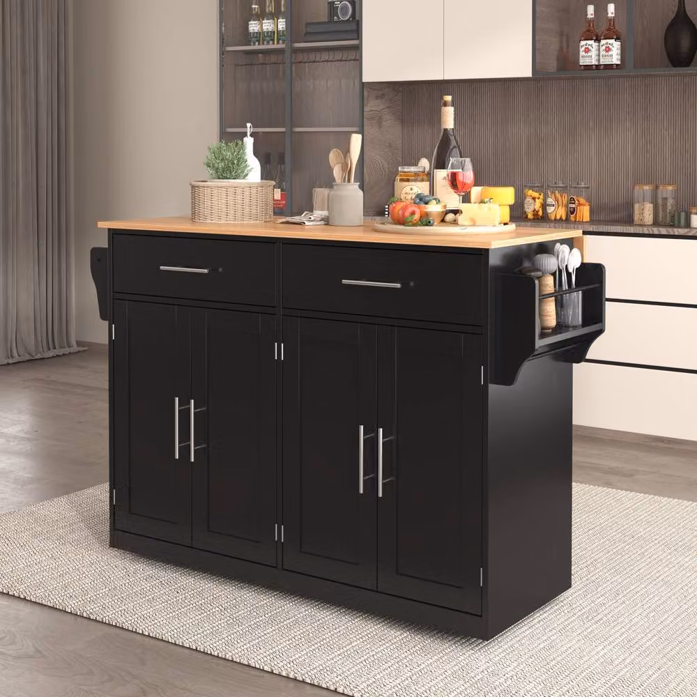 Merax Kitchen Island Trolley with Folding Tabletop and Changeable Wheels and Feet, Black, H 91.5 x W 120 x D 46 cm – 2