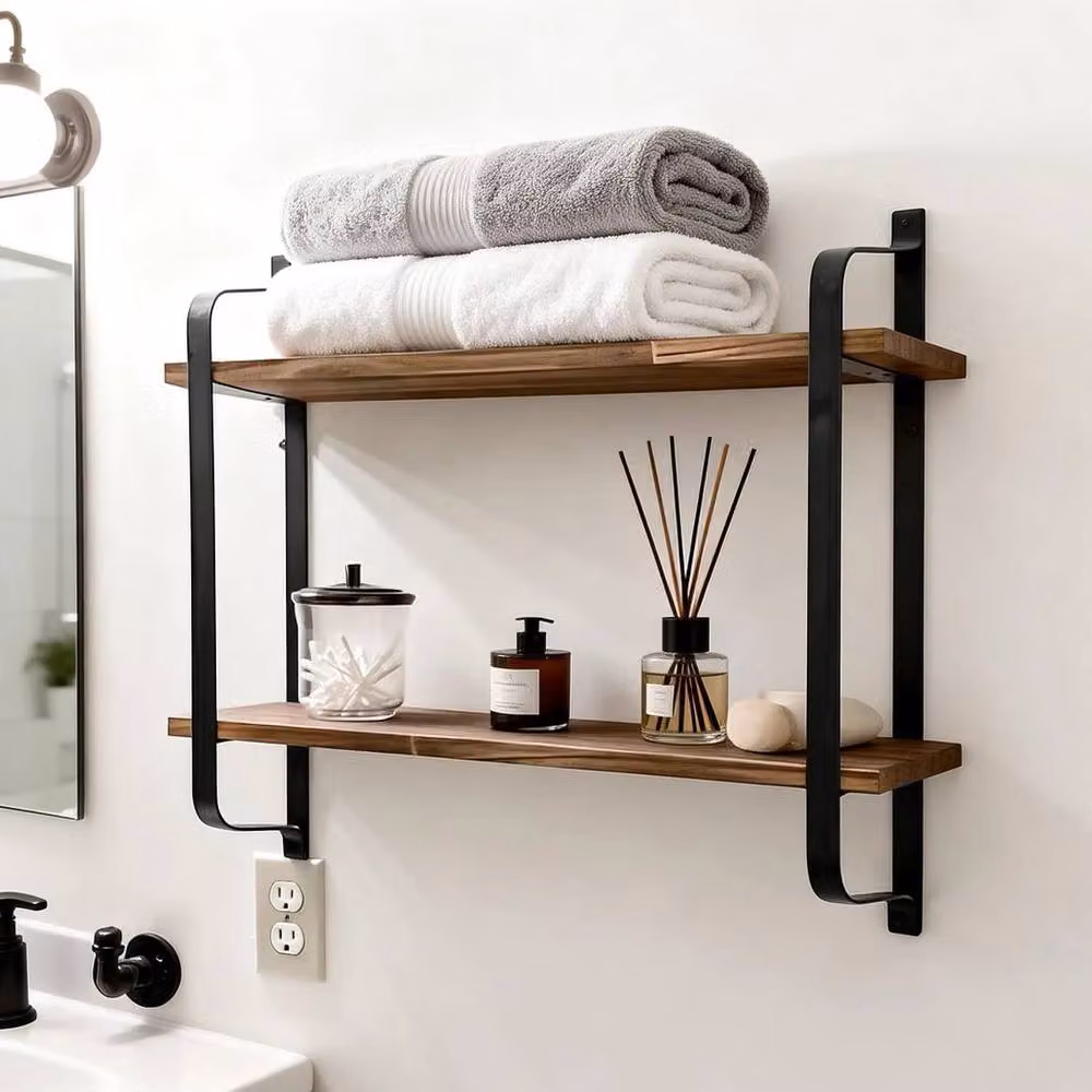 FORGEVIO Industrial Wood and Metal Wall Mounted Floating Shelf in Black and Brown, W: 180 cm – 4