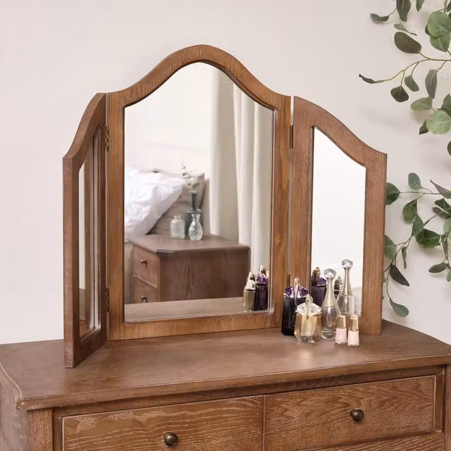 Melody Maison Ashwell Range Triple Dressing Table with Mirror in Dark Brown Wood