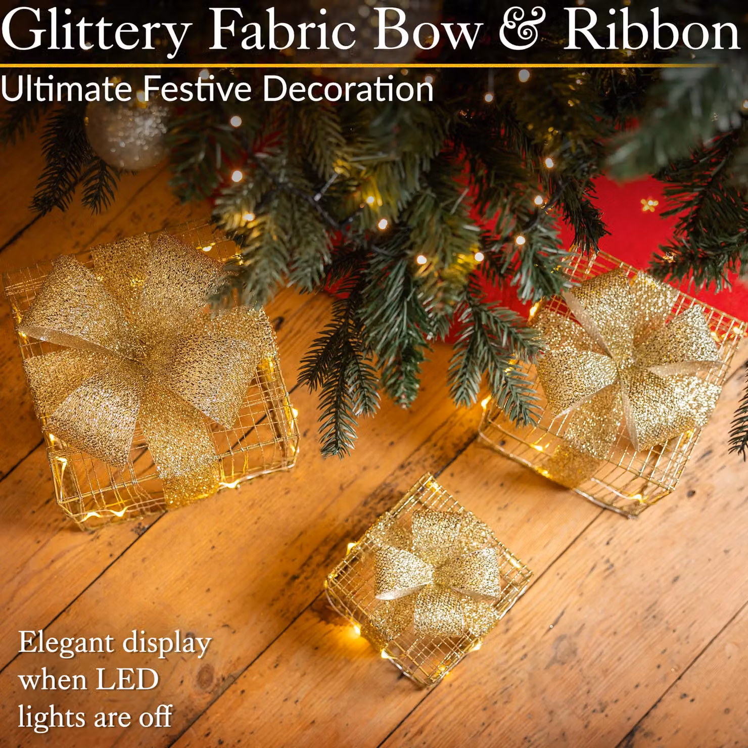 Christow Set of 3 Gold LED Light Up Christmas Present Parcels with Timer, Battery Operated Tabletop Decoration – 2