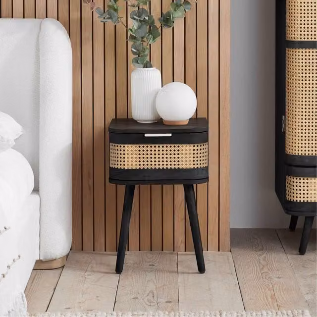 Birlea Modern Black Rattan and Wood Bedside Cabinet