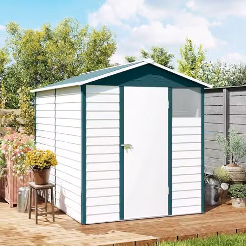 Outsunny Galvanised Steel Garden Storage Shed with Window and Lockable Door, White – 7