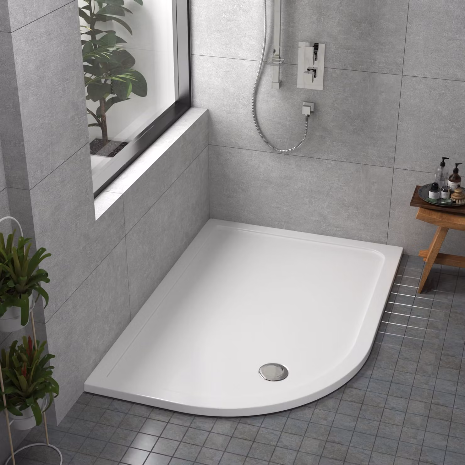 Apex Left Handed Offset Quadrant Stone Shower Tray, White, W: 120 cm, D: 90 cm, H: 3 cm