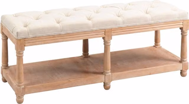 HOMCOM 2 Tier Fabric Shoe Rack Bench with Tufted Seat in Beige and White – 2