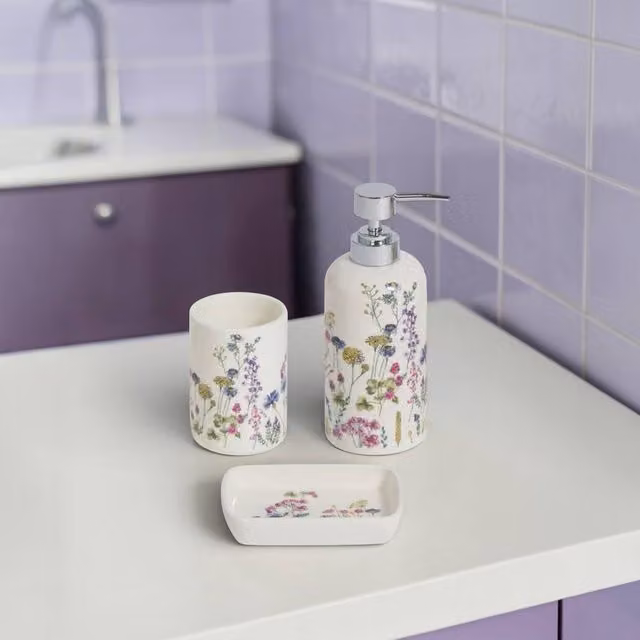 Showerdrape Meadow Wild Flowers Floral 3 Piece Ceramic and Metal Bathroom Accessory Set in White