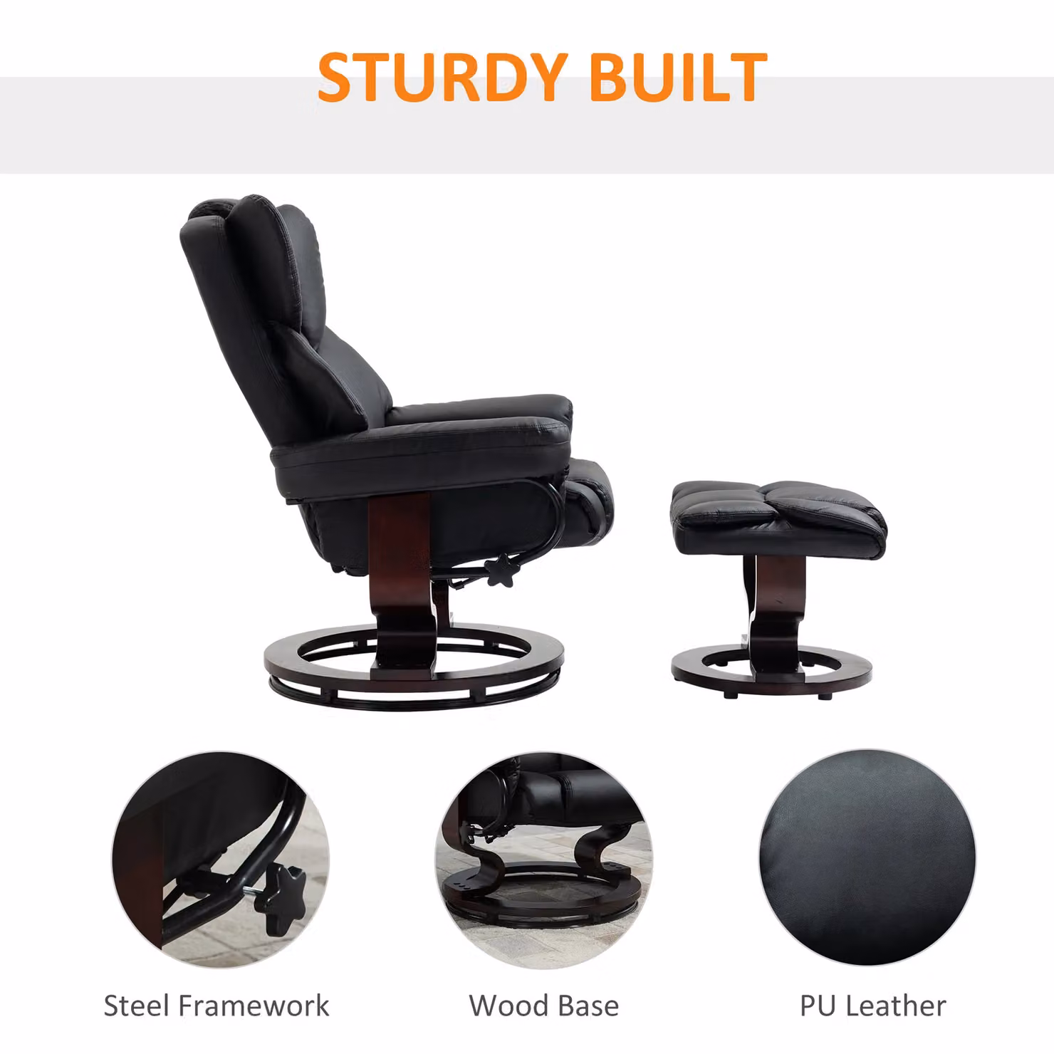 HOMCOM Modern Black Synthetic Leather Manual Reclining Armchair with Integrated Ottoman and Armrests – 5
