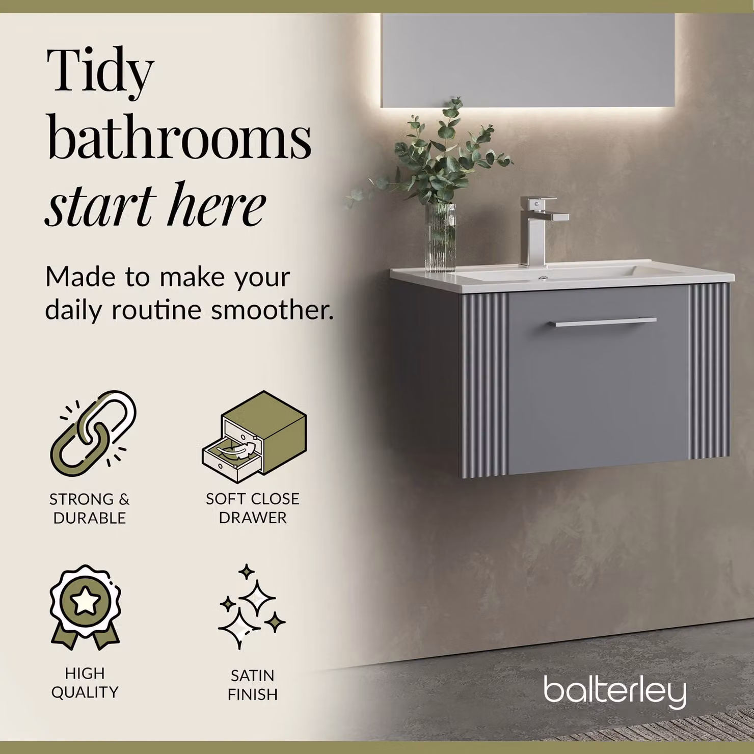 Balterley Wall Hung 1 Drawer Vanity Unit with Minimalist Basin, Satin Grey, W: 60 cm, D: 39.5 cm, H: 60 cm – 3