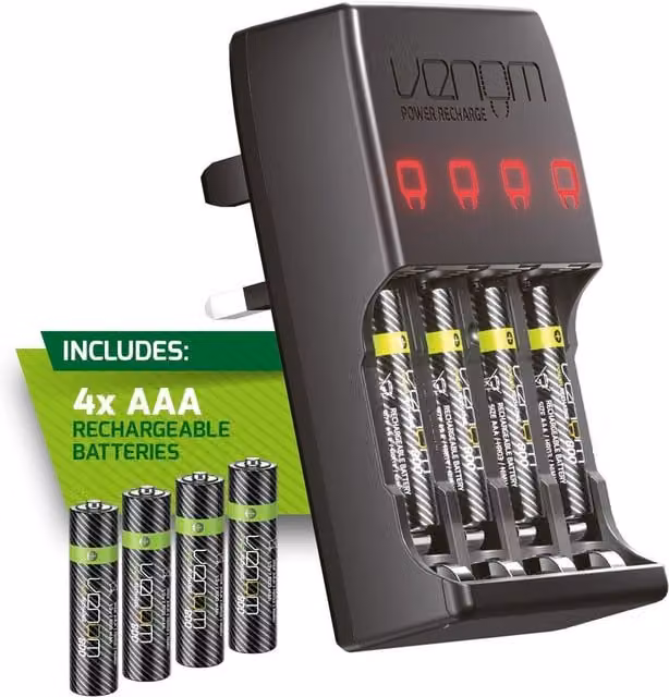 Venom Plug In Wall Battery Charger with 4 x AAA Rechargeable Batteries, Black