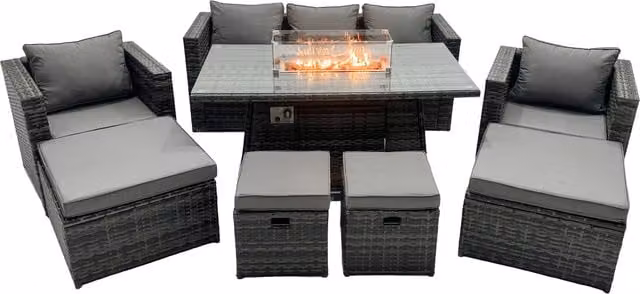 Fimous 9-Seater Rattan Garden Firepit Dining Sofa Set in Dark Grey Mixed Rattan with Dark Grey Fabric