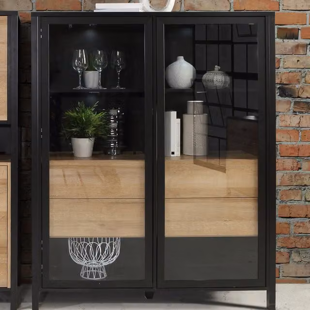 Furniture To Go High Rock Extra Wide Industrial Display Cabinet in Matt Black and Riviera Oak with Glass Doors