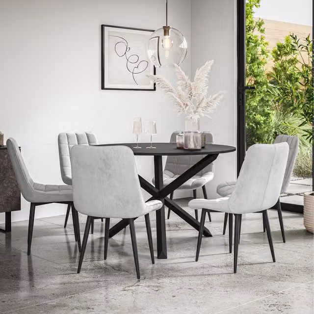 More4Homes Malvern Round Black Dining Table Set with Black Oak Legs and 6 Grey Nova Velvet Chairs