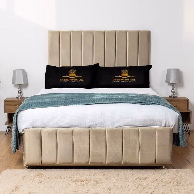 UK Bed Furniture Falcon Divan Bed Base with 26 Inch Headboard, Beige Fabric, No Storage, W/D/H: 200 x 200 cm, Super King
