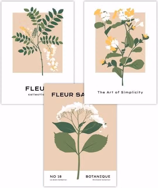 ARTZE Set of 3 Vintage Yellow Wild Flower Botanical Graphic Paper Posters, W: 50 cm x H: 70 cm