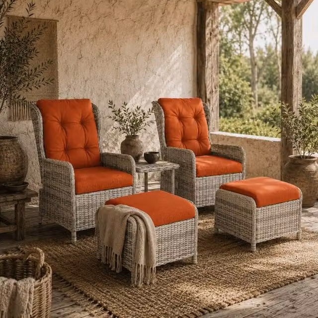 Wyld Haus Bapa 5 Piece Orange Rattan Reclining Bistro Set with Glass Top and Footstools – 1